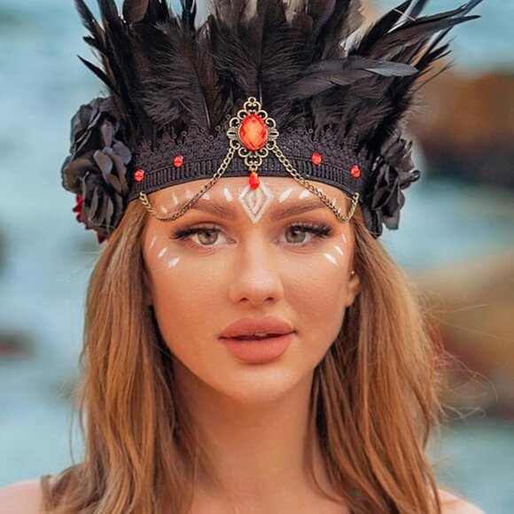 Black Rose Feather Headband Crystal Crown
